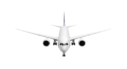 Front view of a modern white commercial passenger airplane with landing gear extended, isolated on a clean white background.