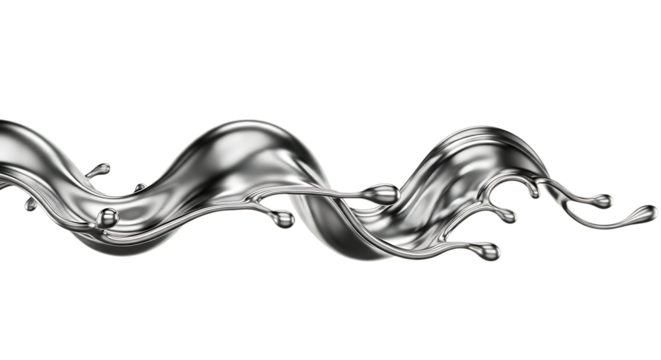 A dynamic and fluid splash of silver liquid, isolated on transparent background, creating a mesmerizing wavelike form, symbolizing purity, elegance, and modernity, with intricate details and a sleek, 