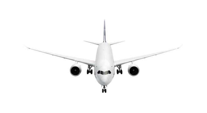 Front view of a modern white commercial passenger airplane with landing gear extended, isolated on a clean white background.