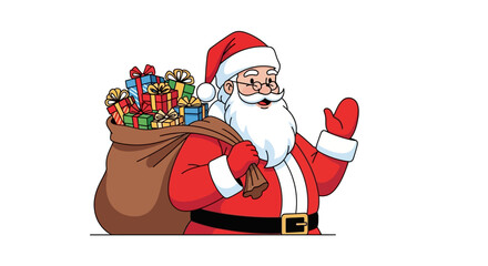 Santa carries a sack of gifts waving his gloved hand