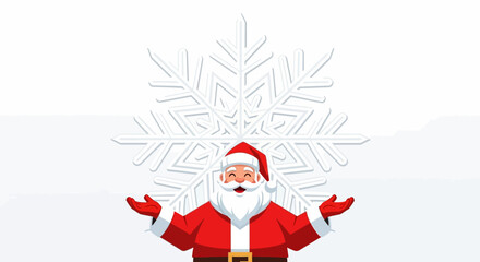 Santa Claus arms wide smiles before a large white snowflake on a white background