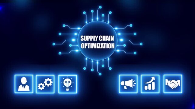 Supply Chain Optimization Digital Network with Business Icons on Dark Blue Background efficiency improvement