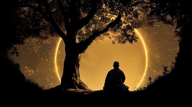 monk meditating under tree at night. surrounded by golden mystic shining ring