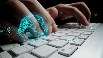 Hands typing on a keyboard are overlaid with a digital world map and icons, illustrating the concepts of connectivity and modern technology in an engaging visual atmosphere. Xenic - Powered by Adobe