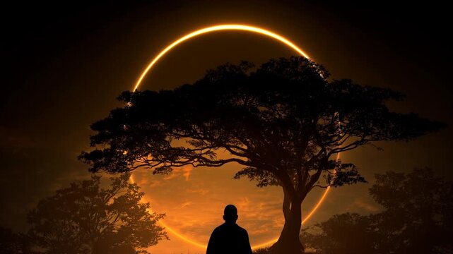 monk meditating under tree at night. surrounded by golden mystic shining ring