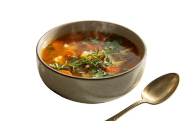 A steaming bowl of hearty vegetable soup with a spoon on a white background.