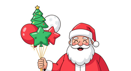 Santa Claus holds Christmas balloons a tree stars a red ball and a snowflake Hes smiling jolly and ready for the holidays