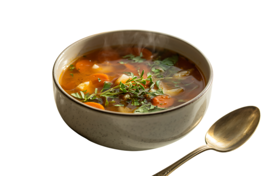 A steaming bowl of hearty vegetable soup with a spoon on a white background.