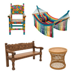 Collection of colorful and rustic furniture including a floral chair, hammock, bench, and table isolated on transparent background