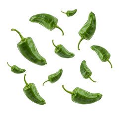 A collection of fresh green pimento peppers scattered in the air isolated on transparent background