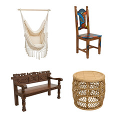 Collection of rustic and bohemian furniture and decor items including a hammock chair isolated on transparent background