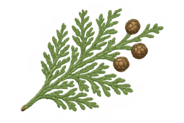 Cypress branch with cones. Green evergreen sprig, tree foliage, botanical drawing, nature element on transparent background