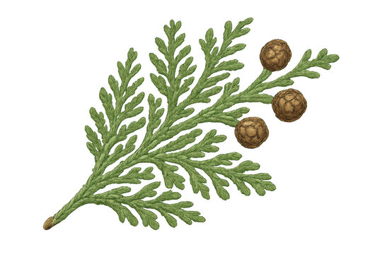 Cypress branch with cones. Green evergreen sprig, tree foliage, botanical drawing, nature element on transparent background