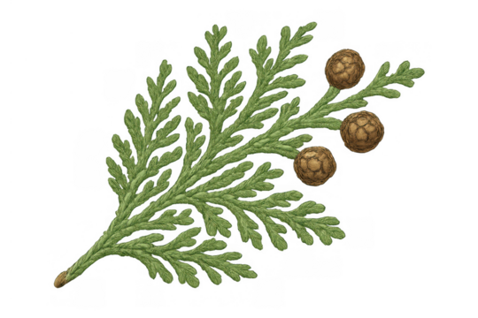 Cypress branch with cones. Green evergreen sprig, tree foliage, botanical drawing, nature element on transparent background