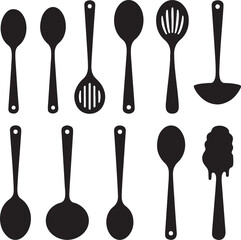 Black and White Silhouette Illustration of Spoon Types Teaspoon Tablespoon Dessert Slotted Soup Ladle Measuring Serving Wooden Ice Cream Spoon