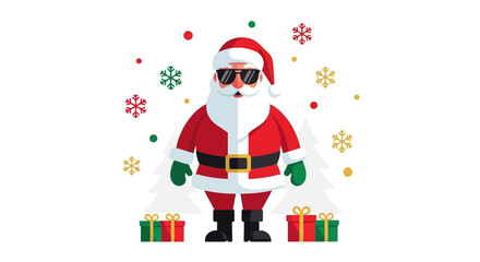 Santa Claus with sunglasses stands amidst presents and snowflakes