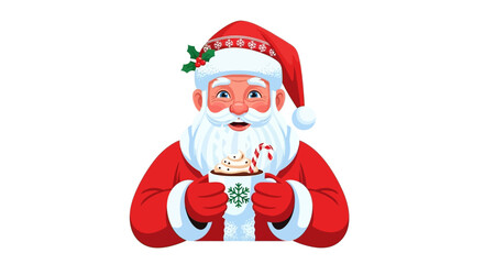 Santa holds hot cocoa He is wearing red white clothing and looks happy