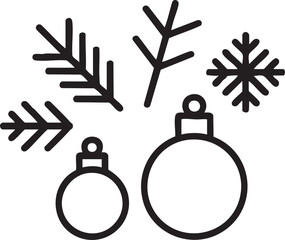 Black line art christmas ornaments pine branches and snowflake