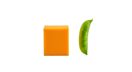 A block of cheddar cheese and a single snow pea pod, isolated on transparent background