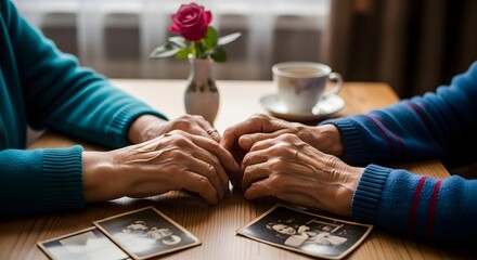 Elderly couple holding hands over old photograph memory on table, Valentine's Celebration Theme