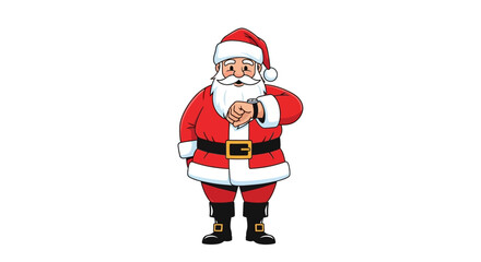 Santa in red suit checking his watch standing on a white background