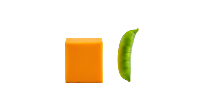 A block of cheddar cheese and a single snow pea pod, isolated on transparent background