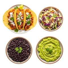 A delicious and colorful mexican meal with tacos, guacamole, black beans, and coleslaw, isolated on transparent background