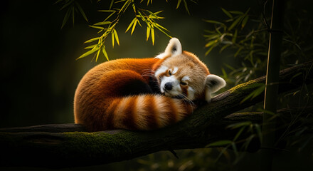 Peaceful red panda sweetly sleeping curled on a mossy branch with bamboo leaves, a scene of tranquil wildlife and nature's serenity in the forest