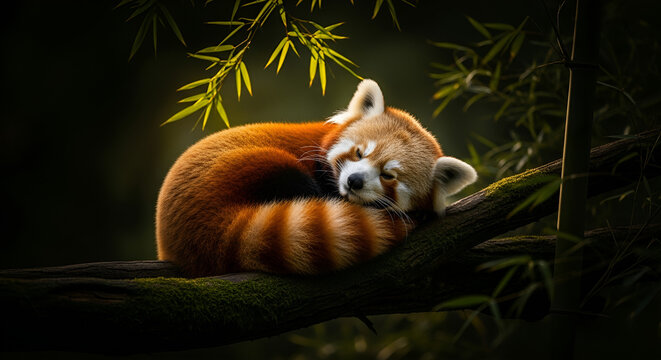 Peaceful red panda sweetly sleeping curled on a mossy branch with bamboo leaves, a scene of tranquil wildlife and nature's serenity in the forest