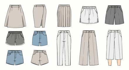 Collection of Skirts, Shorts, and Pants Fashion Illustrations.