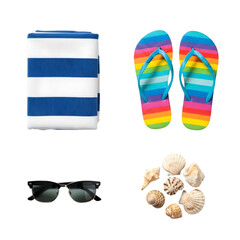 Beach vacation essentials including a striped towel, rainbow flipflops, sunglasses, and seashells, isolated on transparent background