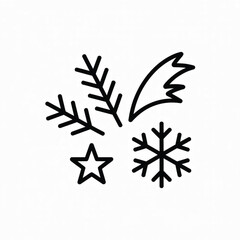 Black line art icons of snowflake star and pine branch