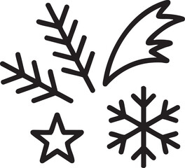 Black line art winter icons star snowflake pine branch comet
