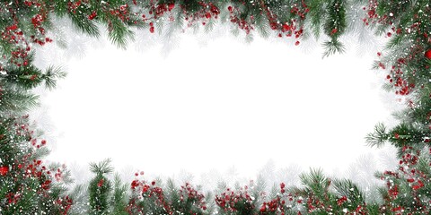 Snowy Christmas Pine Border with Red Berries and Winter Frost