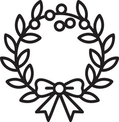 Black outline wreath with leaves and bow black and white