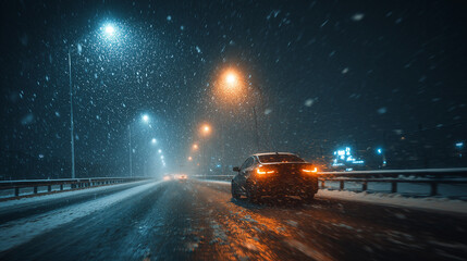 Fototapeta premium Car driving on snowy road at night during heavy snowfall