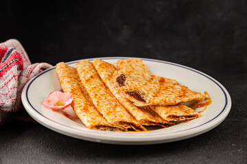 Crepes with chocolate sweet dessert tasty snackfresh gourmet food background on the table  rustic food top view copy space