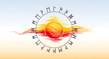 circular arrangement of elder futhark runes around a bright sun sphere for esoteric blogs, spiritual guidance, educational materials, and meditative practices