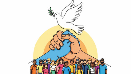 One-Line Hands Interlocking with Dove and Diverse Group – Peaceful Human Rights Unity Illustration