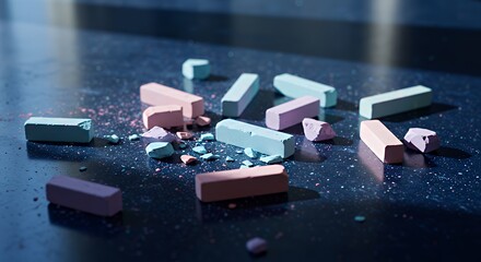 Colorful Chalk Pastels Broken on Dark Surface in Artistic Composition