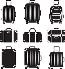 Black and White Silhouette Illustration of Suitcase Types Carry-On Large Wheeled Backpack Hard-Shell Soft Fabric Duffel Vintage Trunk Cabin Trolley Expandable