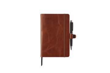 A closed brown leather-bound notebook with a pen attached to its side.