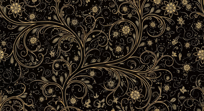 Intricate Golden Floral Swirls Adorn a Dark Elegant Surface.