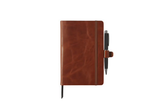 A closed brown leather-bound notebook with a pen attached to its side.