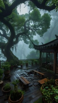 japanese garden with bridge at abandoned hills