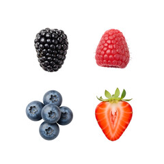 Assortment of fresh berries including blackberry, raspberry, blueberry, and strawberry isolated on transparent background