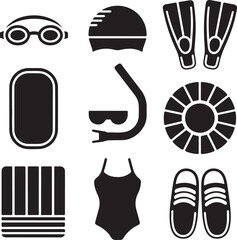 Black and White Silhouette Illustration of Swimming Gear Swim Goggles Swim Cap Flippers Kickboard Snorkel Pool Float Beach Towel Swimsuit Water Shoes