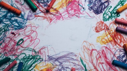 Colorful Crayon Scribbles on White Paper with Vibrant Strokes Framing a Spacious Center for Creative Use