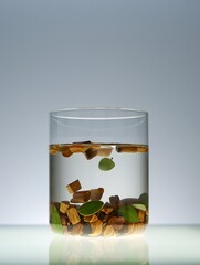Floating botanical elements in a glass container with clear liquid