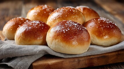 Perfectly Baked Rolls with a Golden Crust and Light Sprinkle of Sea Salt on a Wooden Board